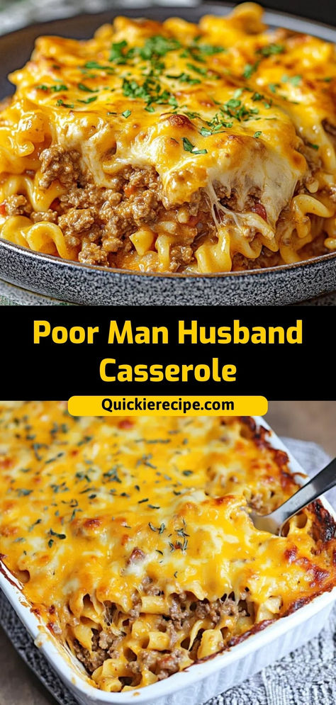 This Poor Man Husband Casserole is a hearty, budget-friendly dish made with layers of ground beef, pasta, and cheese. Perfect for quick weeknight dinners or meal prepping!  Ingredients:  1 lb ground beef 2 cups cooked pasta 1 cup marinara sauce 1 cup shredded cheese A simple and comforting casserole that’s cheesy, filling, and full of flavor Poor Man’s Beef Casserole, Meals With Ground Beef And Noodles, Hot Dishes Casserole Ground Beef, Recipes For Dinner With Hamburger Meat, Simple Beef Casserole Recipes, Poor Man Husband Casserole Recipe, Poor Man Husband Casserole With Mashed Potatoes, Poor Man’s Husband Casserole Recipe, Poor Man's Husband Casserole Recipe