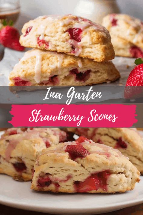 Ina Garten’s Strawberry Scones - tender, buttery scones are infused with the sweet essence of ripe strawberries, making them a perfect treat for breakfast, brunch, or a sweet afternoon pick-me-up. Whether enjoyed with a steaming cup of tea or your favorite coffee, these scones are sure to bring a burst of fruity joy to your day. Strawberry Ricotta Scones, Strawberry Basil Scones, Strawberry Scones Recipe Easy, Sourdough Strawberry Scones, Rasberry Scones, Strawberry Lemon Scones, Strawberry Breakfast Recipes, Strawberry Rhubarb Scones, Strawberry Scones Recipe