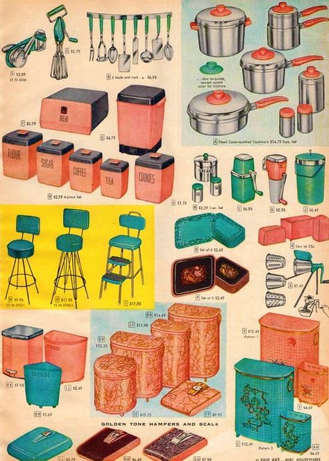 This page from a 1950's Sears catalog is similar to one Mem and her daughters might have looked at when they moved into the house in town. To Mem, modern convenience and town living exemplifies living with dignity. Although Mem's decision to move to town eventually ends in her demise, for a short while she gains back her humanity while living in the house she leased. Bathroom Boho, 1950s Kitchen, Apartment Modern, Sears Catalog, Kitschy Kitchen, Industrial Bathroom, Classic Kitchen, Deco Retro, Boho Bathroom