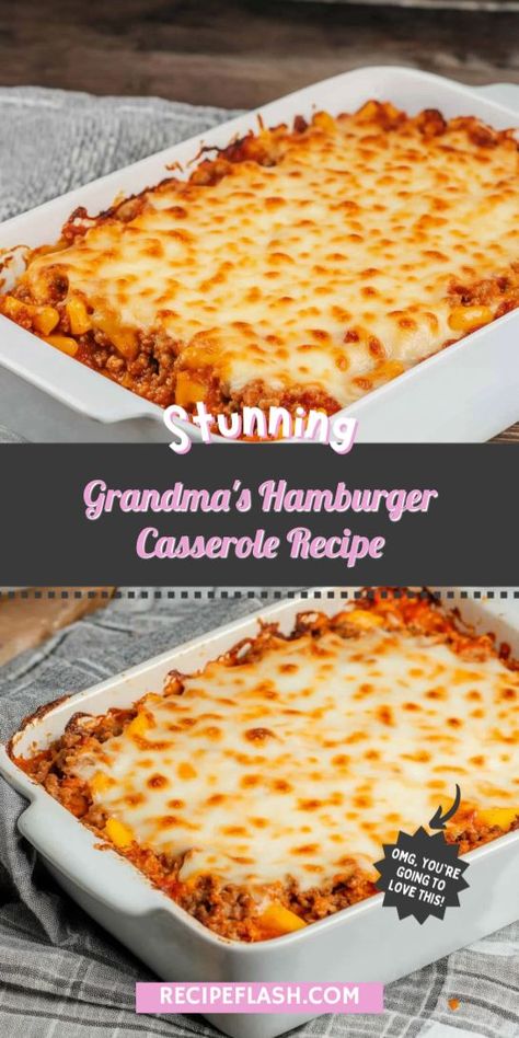 Want to impress your family with a delicious, easy-to-make meal? Grandma's Hamburger Casserole is the perfect dish that combines ground beef with flavorful ingredients for a winning combination. Be sure to save this recipe for those busy nights when you need a wholesome, satisfying meal on the table! Hamburger Crockpot Meals Ground Beef, Best Hamburger Meat Recipes, Burger Dinner Ideas Ground Beef, Hamburg Casserole Recipes, What To Do With Hamburger Meat, Simple Hamburger Meat Recipes, Easy Ground Beef Casserole Recipes For Dinner, What To Make With Hamburger Meat, Recipes For Hamburger Meat