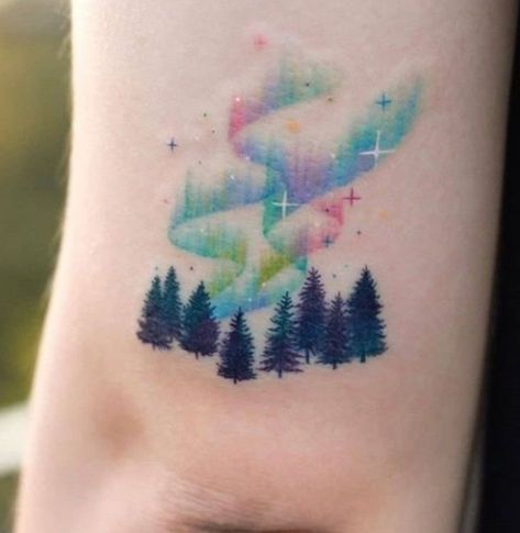 Mini Watercolor Tattoo, Aurora Borealis Tattoo Ideas, Watercolor Sky Tattoo, Aurora Tattoo Northern Lights, Simple Watercolor Tattoo, Alaska Inspired Tattoos, Minimalist Watercolor Tattoo, Northern Light Tattoo, Simple Galaxy Tattoo