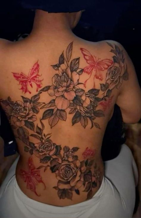 Hip And Leg Tattoos Women, Detailed Back Tattoo Women, Tattoos On Buttocks For Black Women, Flower Tattoo On Chest Female, Back Tattoo Connected To Thigh, Full Back Sleeve Tattoo Women, Woman’s Full Back Tattoo Ideas, Lilies Back Tattoo, Full Back Butterfly Tattoo