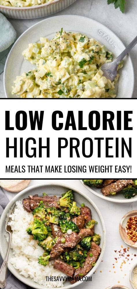 Low-calorie, high-protein meals featuring a creamy egg salad and a beef and broccoli stir fry with rice. These healthy recipes make losing weight simple and satisfying. 160 Calorie Meals, High Protein 2000 Calorie Diet, Low Cal Quick Dinner, Easy Meal Prep Low Calorie, Meals Less Than 500 Calories, Savory Low Calorie Meals, Calorie Wise Meals, Easy Dinner Low Calorie, Low Calorie Budget Meals