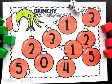 Grinch Theme Preschool Activities, Grinch Day In Kindergarten, Christmas Subtraction Kindergarten, Grinch Activities For Kindergarten, The Grinch Preschool Activities, Kindergarten Grinch Day, Grinch Day Activities For Kindergarten, Grinch Day Preschool Activities, Grinch Math Activities Kindergarten