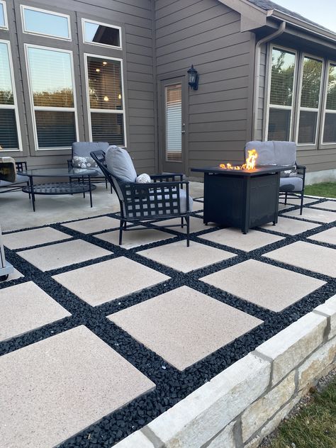 Paver Patio With Pea Gravel, Cover Concrete Patio With Pavers, Patio With Rocks And Pavers, Front Lawn Patio Ideas, Gravel Landscaping Around Trees, Backyard Landscaping Pavers Yard Ideas, Side House Patio, Paved Patio Ideas Backyard Designs, Outdoor Paver Patio Ideas Backyards