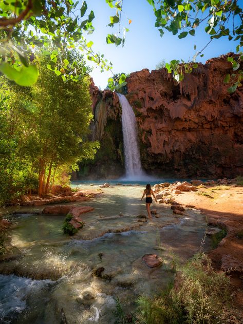 Hiking the Havasupai Trail to Havasu Falls in Arizona: How to Get Permits? — noahawaii Havasupai Falls Arizona, Havasu Falls Arizona, Hikes In Arizona, Havasupai Falls, Beaver Falls, Havasu Falls, Arizona Hiking, Woman Walking, Backpacking Trip