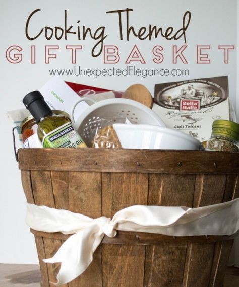 Do you need a gift for a culinary genius who loves to cook?  Give them a cooking themed gift basket this year, complete with cooking classes!! Slow Cooker Gift Basket Ideas, Cooking Raffle Basket Ideas, Cooking Themed Gift Baskets, Ffa Auction Ideas, Cooking Baskets Gift Ideas, Crockpot Gift Basket Ideas, Cooking Gift Basket Ideas, Pasta Gift Basket Ideas, Cooking Gift Basket