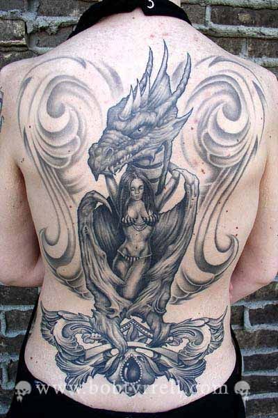 Another Bob Tyrell masterpiece. Western Dragon Tattoo, Protector Tattoo, Tattoo Western, Back Tattoos For Guys Upper, Rose Tattoo Black, Angel Tattoo For Women, Western Dragon, Dragon Tattoo Back, Cool Back Tattoos