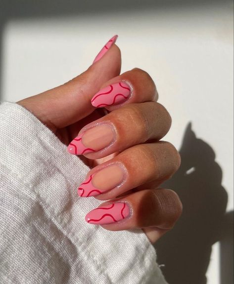 Hot Pink Hoco Nails Almond, Fun French Tip Nails Almond, Nail Inspo Trendy 2024 Spring Almond, Pink Squiggle Nails, Spring Nails2023, Nails 2023 Acrylic, Spring Nail 2023, Nail 2023 Spring, Spring Nails Aesthetic