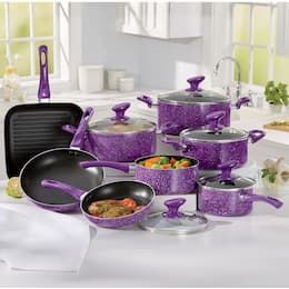 16-Piece Solid Square Dinnerware Set | Seventh Avenue Purple Appliances, Purple Kitchen Accessories, Purple Furniture, Purple Kitchen, Purple Things, Nonstick Cookware Sets, Country Door, Saucepans, Pots And Pans Sets