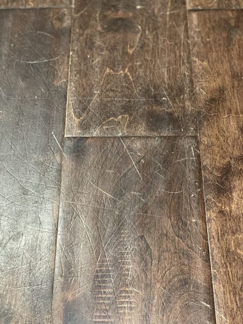 How To Remove Scratches From Hardwood Floors, How To Fix Scratches On Hardwood Floors, Fix Scratched Wood Floors, Scratches On Wood Floor, Fix Scratched Wood, Dark Brown Hardwood Floors, Hardwood Floor Scratches, Scratched Wood Floors, Fake Wood Flooring