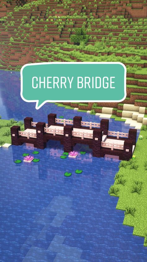 Cherry Blossom Street Lamp Minecraft, Pretty Minecraft Bridge, Cute Bridges In Minecraft, Minecraft Water Walkway, Cherry Blossom Bridge, Cherry Blossom Horse Stable Minecraft, Minecraft Bridge Arch, Cherry Blossom Nether Portal Minecraft, Cherry Path Minecraft