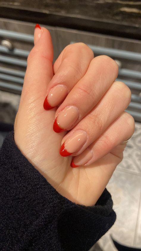 Red Tip Nails, Black Silver Nails, French Fade Nails, Gold French Tip, Red French Tip, Hoco Nails, Red And Gold Nails, Formal Nails, Red French