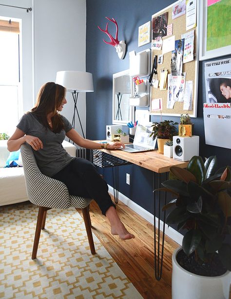 Benjamin Moore Hale Navy Blue Office Decor, Navy Office, Blue Home Offices, Blue Office, Guest Room Office, Office Makeover, Home Office Space, A Desk, Eclectic Home