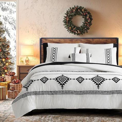 Amazon.com: MaiRêve Full Size Comforter Sets - 7 Piece, Farmhouse Western Comforter Set Full, All Season Bed in A Bag Full Size with Sheets, Pillowcases & Shams (White,Full) : Home & Kitchen Farmhouse Bedding Sets Joanna Gaines, White King Bedding, Aztec Room, Western Bedspreads, Twin Bedding Sets, Farmhouse Western, Western Comforter Sets, Southwestern Bedding, Western Bedding Sets