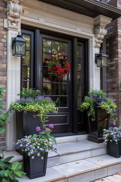 Front Door Planters, Garden Planter Ideas, House Window Design, Main Entrance Door, Wooden Main Door, Black Front Doors, Summer Front Porches, Wooden Main Door Design, Gorgeous Doors