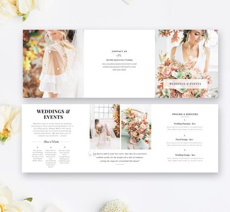 Florist Tri-fold Brochure Template, 5x5 Business Marketing Brochure, Floral Designer, Wedding Planne Wedding Planner Marketing, Free Wedding Planner, Elegant Modern Wedding, Marketing Brochure, Wedding Brochure, Wedding Marketing, Trifold Brochure Template, Wedding Prices, Floral Designer