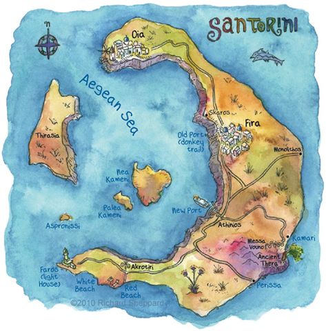 Map of Santorini Map Of Santorini, Santorini Map, Greece Illustration, Perissa Beach, Greece Map, Greek Travel, Ancient Paintings, Oia Santorini, Santorini Island