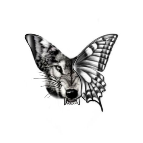 Half face of wolf showing agrresion with half of it covered by half butterfly. Wolf Butterfly Tattoo Design, Wolf With Butterfly Tattoo, Wolf Butterfly Tattoo, Wolf Moon Tattoo Design, Wolf And Butterfly Tattoo, Wolf Butterfly, Tiger Butterfly Tattoo, Wolf Face Tattoo, Wolf And Moon Tattoo