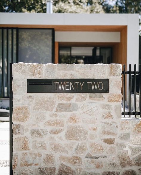 Stone Letterbox Ideas, Gabion Letter Boxes, Stone Mailbox Ideas, Brick Letter Box, Letterbox Ideas, White Brick Monument Sign, Stone Mailbox With Package Storage, Corten Steel Letter Boxes, Modern Mailbox Design