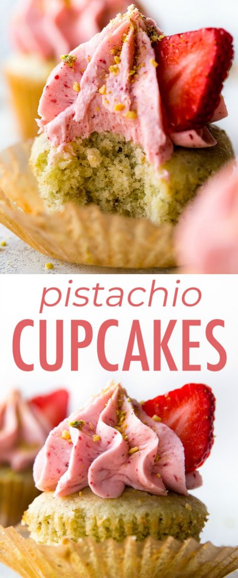 Pistachio Cupcakes, Almond Cupcakes, Frosting Chocolate, Fluffy Cupcakes, Pistachio Recipes, Sally's Baking, Strawberry Frosting, Pistachio Cake, Bake Cheesecake