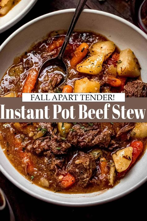 Instant Pot Beef Stew is the perfect cozy meal for chilly days! Tender chunks of beef, potatoes + carrots cook together in a flavorful sauce. // recipe // easy // with red wine // frozen meat // meat recipes Instapot Beef Stew, Pressure Cooker Stew, Instant Pot Beef Stew Recipe, Pressure Cooker Beef Stew, Instant Pot Stew, Beef Stew Meat Recipes, Instant Pot Beef Stew, Beef Recipe Instant Pot, Beef Potatoes