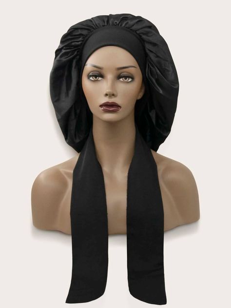 Solid Hair Bonnet | SHEIN USA Solid Black Hair, Hair Bonnets, Big Afro, Long Dreads, Silk Bonnet, Satin Bonnet, Hair Bonnet, Long Curls, Black Headband