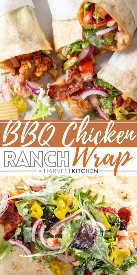 This BBQ Chicken Wrap recipe is made with grilled chicken, BBQ sauce, turkey bacon, pepper Jack cheese, tomato, onion, pepperoncini and spring mix tossed in homemade ranch dressing all wrapped in flour tortillas. These chicken wraps are super quick and easy to make any night of the week. Bbq Chicken Salad Wrap, Bbq Ranch Chicken Wrap, Bbq Chicken Wraps Healthy, Barbecue Chicken Wrap, Bbq Chicken Wrap Recipes, Whiskey River Bbq Chicken Wrap, Grilled Chicken Wrap Recipes, Bbq Main Dishes, Bbq Wrap