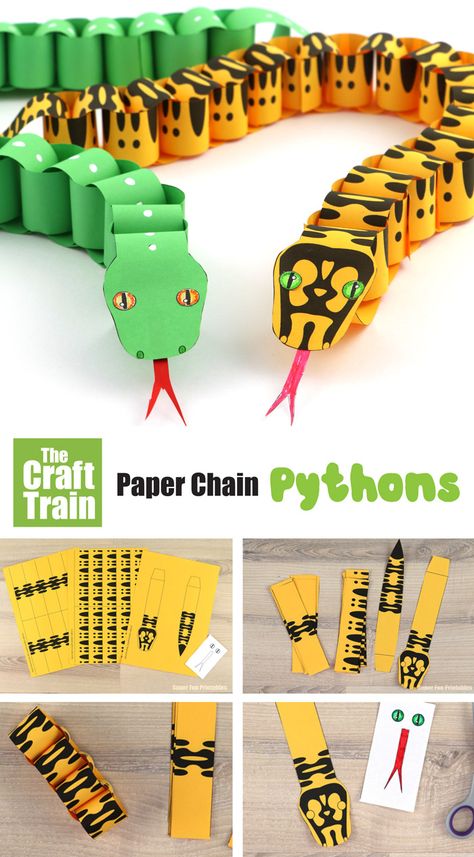 Create realistic looking paper pythons with this printable paper chain snake template. There is a jungle carpet python, a green tree python and a  design-your-own python to choose from #paperchain #papercraft #snakes #python #snakecraft #kidscrafts #printables #kidsactivities #thecrafttrain #superfunprintables Paper Chain Snake Craft, Paper Chain Snake Template, Paper Chain Animals, Jungle Craft Ideas, Paper Snake Craft, Paper Chain Crafts, Paper Chain Snake, Snake Template, Snakes Python