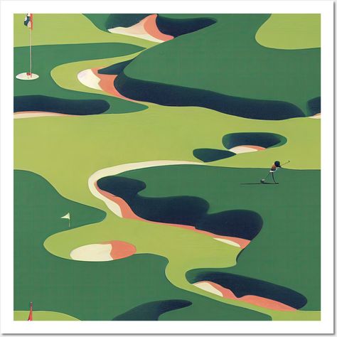 Bring the playful nostalgia of Wes Anderson's films to your home decor with this retro golf course pattern. The primary colors of green, pink, and beige evoke a sense of vintage charm and whimsy. -- Choose from our vast selection of art prints and posters to match with your desired size to make the perfect print or poster. Pick your favorite: Movies, TV Shows, Art, and so much more! Available in mini, small, medium, large, and extra-large depending on the design. For men, women, and children. Pe Golf Theme Quilt Patterns, Golf Club Decor, Golf Course Art, Vintage Golf Poster, Golf Course Logo, Golf Painting Ideas, Golf Poster Design, Golf Graphic Design, Golf Illustration