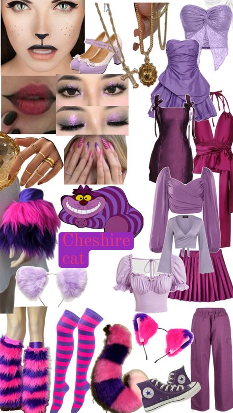 cat cheshire purple magenta dress costume holloween Cheshire Cat Costume Makeup, Cheshire Cat Makeup Simple, Cheshire Cat Diy Costume, Chester Cat Costume, Alice In Wonderland Cat Costume, Purple Costume Ideas, Cheshire Cat Fancy Dress, Cheshire Cat Outfit Ideas, Cute Aesthetic Halloween Costumes