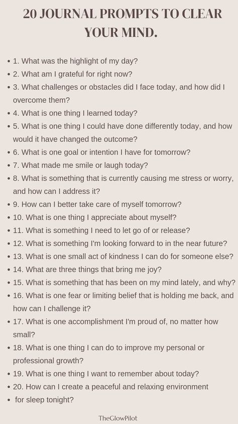 Unwind and clear your mind before bedtime with these 20 journal prompts. Reflect on your day, express gratitude, and release any worries. Promote relaxation and a peaceful sleep with this journaling practice.     #JournalPrompts #ClearYourMind #BedtimeRoutine #SelfCare #Reflection #Gratitude #Relaxation #SelfReflection #PersonalGrowth #mentalwellness  #Mindfulness #journaling #selflovejourney #selflovewomen#GratitudeJournalTips #JournalingForGratitude #GratitudeJournalPrompts #WritingTherapy #Journaling2024 #GratefulHeart #JournalingCommunity #SelfCare #Mindfulness Journaling To Clear Mind, Mindless Journaling, Journal Prompts For A Bad Day, Journal Prompts Bedtime, Burn Out Journal Prompts, Releasing Journal Prompts, Daily Mindfulness Practice, Worry Journal Prompts, Evening Reflection Journal Prompts