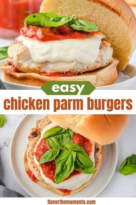 These Ground Chicken Burgers will give you the flavors of chicken parm without the fuss! They're juicy, flavorful and topped with marinara sauce, creamy mozzarella and fresh basil. It's an easy recipe that's ready in 20 minutes! #burgers #grilling #chicken Chicken Parm Burgers, Ground Chicken Parmesan, Chicken Parmesan Burgers, Chicken Parm Burger, Ground Chicken Burgers, Grilling Chicken, Quick Pasta Recipes, Easy Chicken Parmesan, Favorite Recipes Chicken