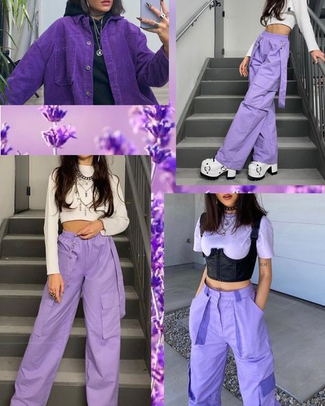 Baggy Purple Outfit, Neon Purple Outfit, Purple Outfits Concert, Purple Tomboy Outfit, Pink And Purple Outfit Ideas, Purple Streetwear Outfit, Purple Cargo Pants Outfit, All Purple Outfit, Baggy Outfits Girl