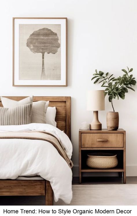 All of the details you need to style your home with organic modern decor. The perfect balance of sleek comfort with a touch of nature inspired warmth. \\ Mid Century Organic Bedroom, Organic Modern Headboard, Organic Modern Design Bedroom, Organic Modern Bedroom Inspiration, Organic Modern Bedroom, Organic Bedroom, Modern Bedroom Ideas, Bedroom Vibes, Modern Bedroom Interior