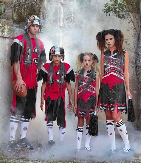 Deluxe Matching Family Halloween Costumes | MomMeMatch.com Dead Cheerleader Costume, Zombie Football Player Costume, Cheerleader Costume Kids, 1980s Halloween Costume, Zombie Cheerleader Costume, Matching Family Halloween Costumes, Cheerleader Halloween, Cheerleader Halloween Costume, Zombie Cheerleader