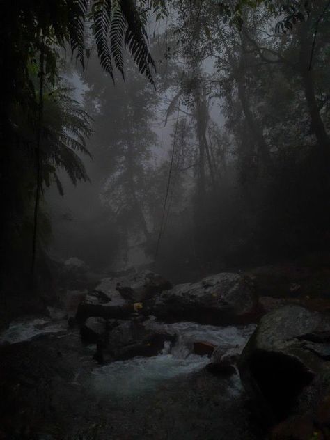 Dark Forest Waterfall, Waterfall Dark Aesthetic, Dark Fog Aesthetic, Dark Atmosphere Aesthetic, Dark Place Wallpaper, Dark Waterfall Aesthetic, Dark Rainy Forest Aesthetic, Dark Foggy Aesthetic, Dark Waterfall