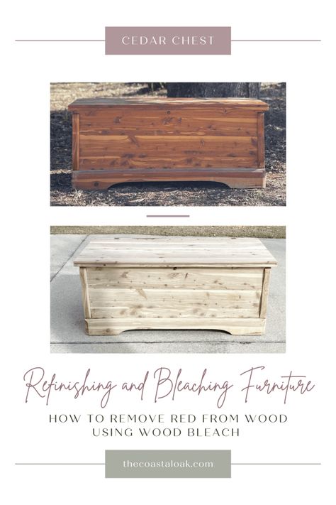 How to refinish and bleach a cedar hope chest using wood bleach to remove red from wood. Two-part wood bleach method used to lift red and color from wood like mahogany, cedar, red oak, and more. How to whitewash furniture. #refinishingfurniture #refinishedfurniture #bleachingfurniture #woodbleach #cedarhopechest #bleachingcedar #bleachingredoak #naturalwood #furnitureprojects #refinishingcedar Bleached Cedar Chest, Bleached Cedar Wood, Stained Cedar Wood, Red Cedar Chest, Bleach Mahogany Wood, Cedar Chest Redo Before After, How To Get The Red Out Of Wood, Bleached Mahogany Furniture, Stain Cedar Wood