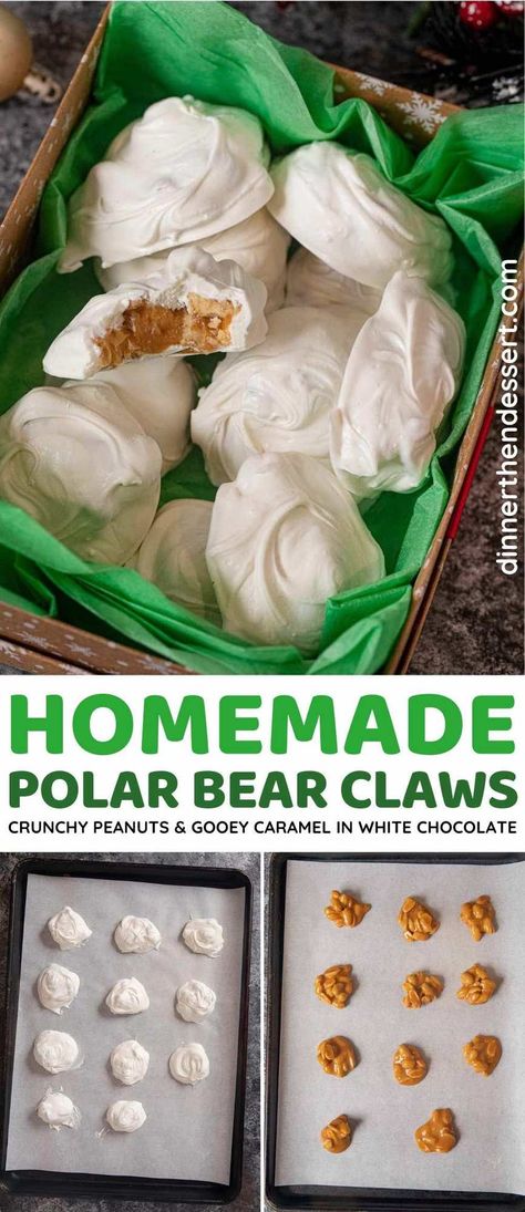 Polar Bear Claws Recipe, Polar Bear Claws, Bear Claws Recipe, Bear Claw Recipe, Caramel Clusters, Polar Bear Paw, Peanut Clusters, Dinner Then Dessert, Christmas Candies