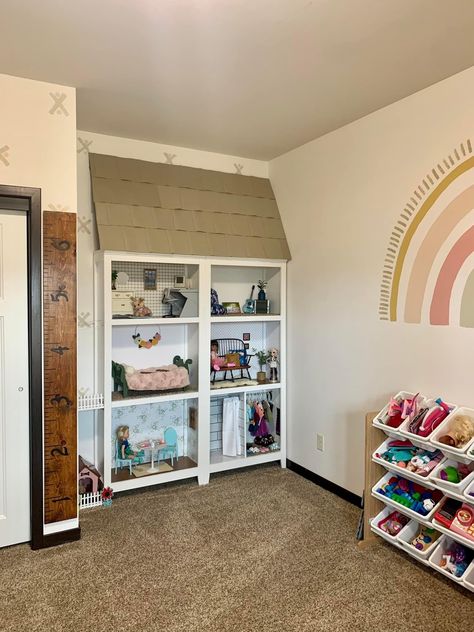 Doll Storage Playroom, Barbie Area Playroom, Playroom Doll Area, Doll Area In Playroom, Dollhouse Storage Ideas, American Girl Doll Storage Ideas, Baby Doll Set Up In Playroom, Doll Play Area Ideas, American Girl Doll Organization