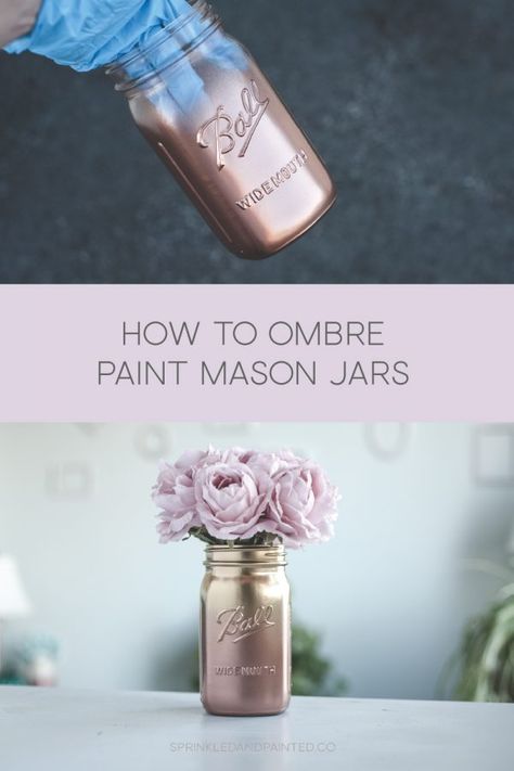 How to Ombre Spray Paint Mason Jars - Sprinkled and Painted at KA Styles.co Diy Gold Mason Jars, Spray Paint Mason Jars Diy, How To Paint Mason Jars, Painted Mason Jars Diy, How To Ombre, Paint Mason Jars, Ombre Painting, Spray Paint Mason Jars, Crocheting Tutorials