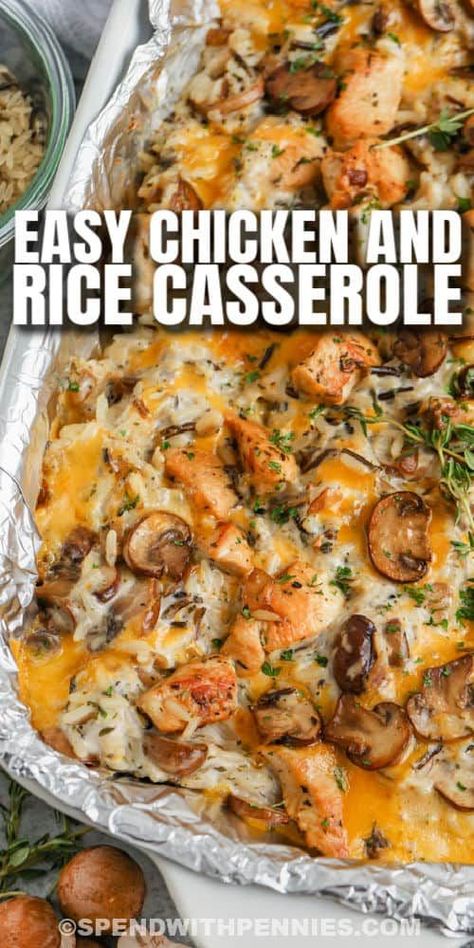 A Baked Chicken and Wild Rice Casserole is an easy cheesy casserole! Made with juicy chunks of chicken, mushrooms, wild rice, and cheese, it is sure to become a family favorite! #spendwithpennies #chickenandwildricecasserole #recipe #casserole #chickencasserole #wildrice #maindish #creamy #easy #mushroomsoup #chickenandrice Emergency Chicken Rice Casserole, Rice Roni Chicken Casserole, Chicken Rice Mushroom Casserole, Baked Chicken And Wild Rice, Chicken Mushroom Rice, Chicken And Wild Rice Casserole, Baked Chicken And Mushrooms, Chicken And Vegetable Casserole, Chicken Mushroom Casserole