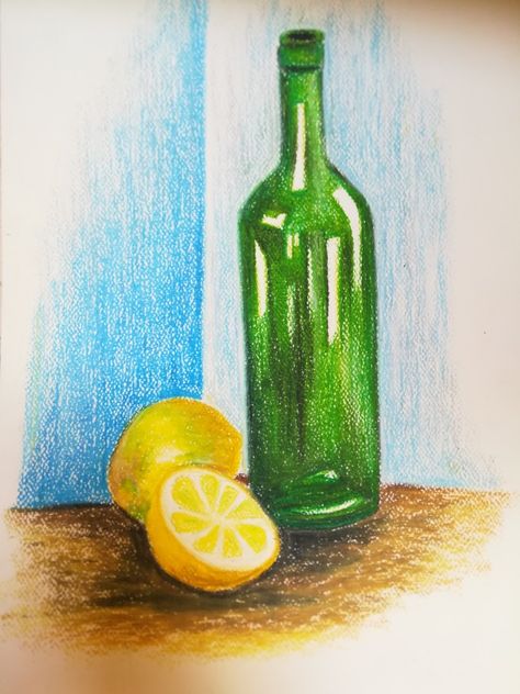 A bottle with lemon in the first basil colors is a wonderful design Still Life With Pencil Colours, Still Life Drawing With Pencil Colour, Still Life Oil Pastel Easy, Still Life With Oil Pastels, Still Life Drawing Oil Pastels, Still Life Colour Pencil, Still Life Drawing Watercolors, Pencil Colour Art Drawings, Pencil Color Drawing Easy