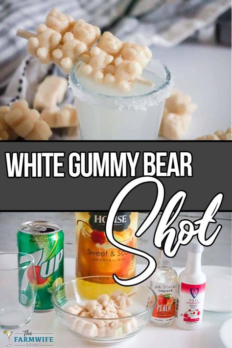 photo collage of easy gummy bear shot cocktail with text which reads white gummy bear shot White Gummy Bear Shot, Gummy Bear Shots, Freezing Leftovers, Chocolate Cocktails, Raspberry Vodka, Lemon Lime Soda, Peach Schnapps, Shot Recipes, Halloween Drinks