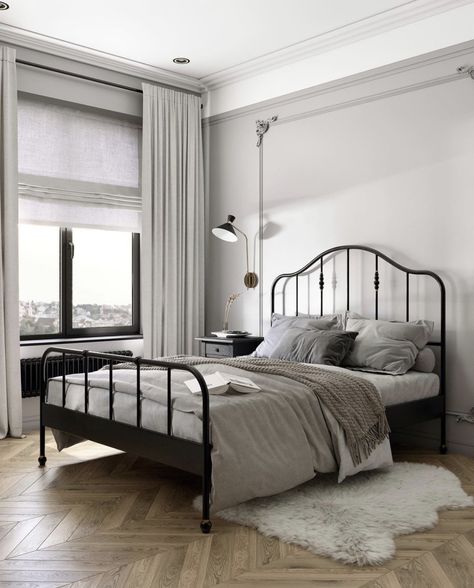 Ikea Sagstua Bedroom, Ikea Sagstua Bed Ideas, Ikea Metal Bed, Ikea Deco, Black Metal Bed Frame, Airy Bedroom, Black Bed Frame, Grey Room, Simple Room