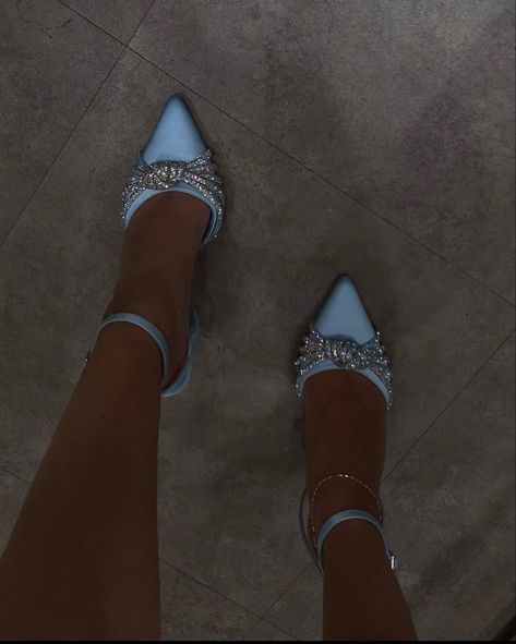 Something Blue Aesthetic, Cinderella Inspired Shoes, Chic Blue Heels For Prom, Blue Heels Sparkly, Prom Shoes Blue, Blue Heels With Bow, Blue Party Heels With Rhinestones, Blue Glitter Evening Heels, Cinderella Prom