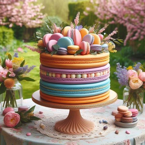 French Cake Design, Macaron Cakes, Macaroon Birthday Cake, Macaron Decorated Cake Ideas, Birthday Cakes Macaroons, Pastel Macaron Cake, Birthday Cake French Macarons, France Macarons, Macaroon Cake