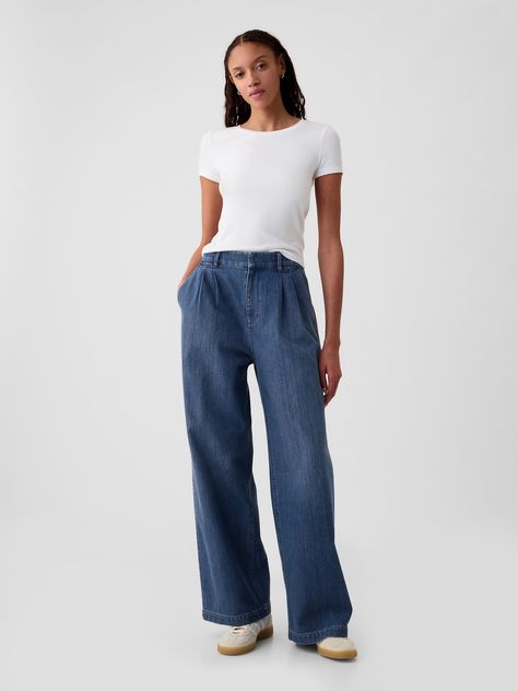 Soft structured denim trousers.  E-waist with concealed hook and bar closure, zip fly.  Front slant pockets, back welt pockets.  Pleating at front.  Responsibly Made: This denim trousers is part of our water-saving Washwell program.  Compared with conventional wash methods, Washwell uses at least 20% less water and has saved over a billion liters of water since 2016.  Responsibly Made: Made with 6% recycled cotton.  Using recycled materials helps to conserve resources and reduce waste.  * Fit: Classic.  An easy silhouette that fits close  at the waist, and is relaxed through the hips and thigh.  Models wearing Gap Cheap Spring Straight Leg Chinos, Teouser Jeans, The Gap Jeans, Womens Trouser Jeans, High Waisted Wide Leg Jeans, Best Jeans, High Rise Denim, Denim Trousers, Wide Leg Denim