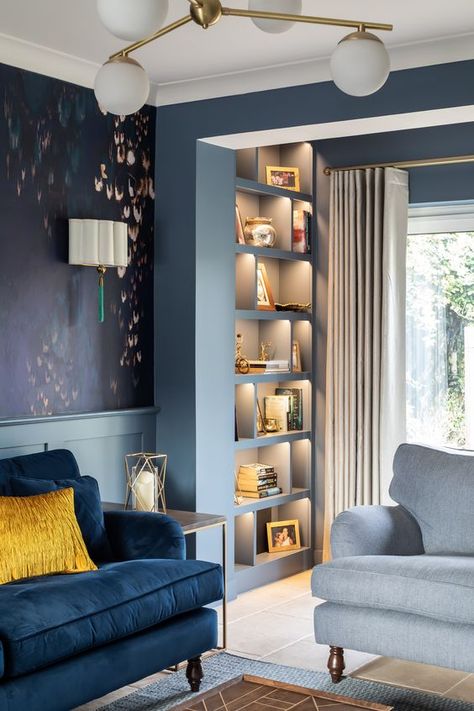 30 Best Living Room Color Ideas Schemes | Decoholic Navy Living Room Lighting, Touches Of Blue Living Room, Navy Sofa Navy Walls, Navy Mustard Living Room, Navy Velvet Sofa Living Rooms, Blue Sofa Living Room Color Combinations, Blue Velvet Sofa Living Room, Navy Blue Velvet Sofa, Alcove Lighting