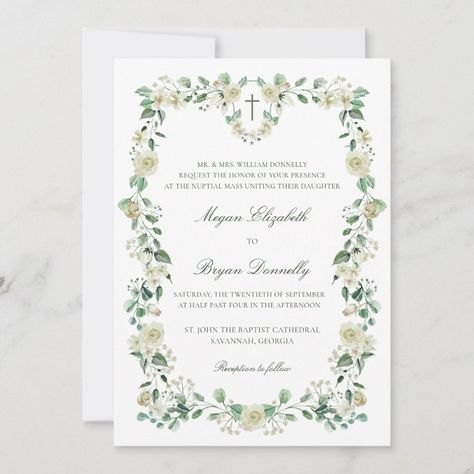 White Floral Watercolor Crest Catholic Wedding Invitation White Floral Watercolor, Catholic Wedding Invitations, Christian Wedding Invitations, Watercolor Crest, Classic Serif Fonts, Wedding Quote, Ceremony Details, Simple Cross, Wedding Anniversary Invitations